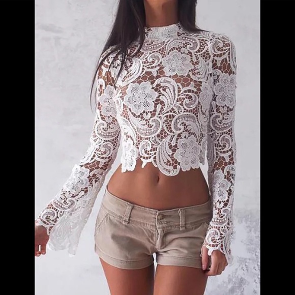 Chelsea Scalloped Lace Crochet Long Sleeve Top - Picture 2 of 5